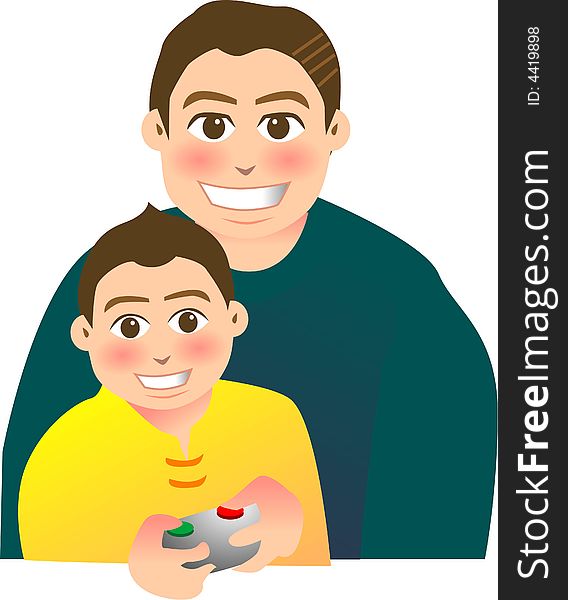 Vector illustration for a relationship for father and son, playing video game
