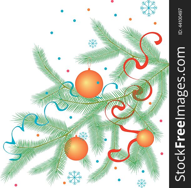 Vector image of a christmas tree branch with balls and ribbons. Vector image of a christmas tree branch with balls and ribbons.