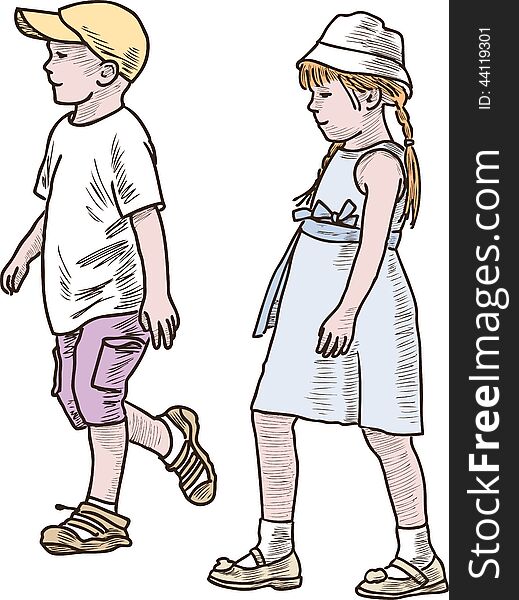 Vector image of the little siblings on a walk. Vector image of the little siblings on a walk.