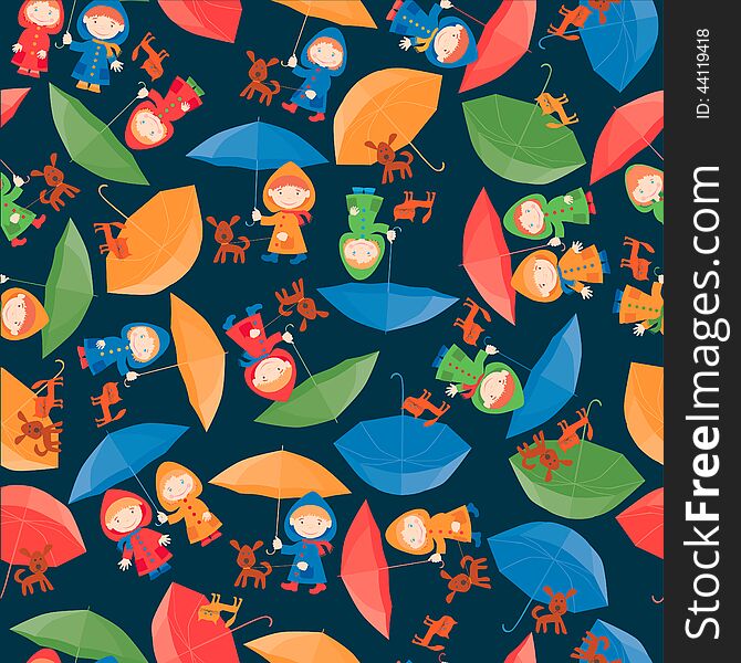 Vector pattern of the cheerful kids with the umbrellas. Vector pattern of the cheerful kids with the umbrellas.