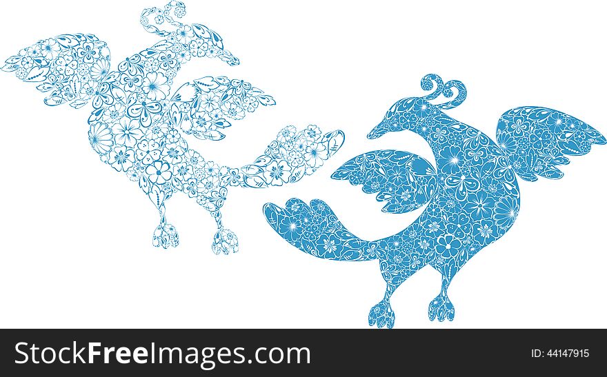 Vector image of the floral decorative birds.