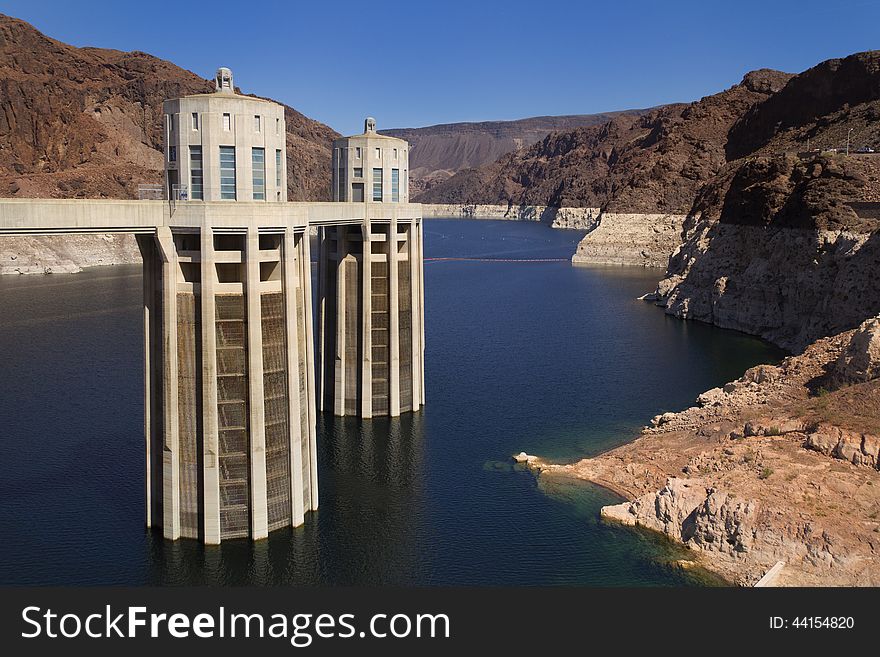 Two of the Hoover Dam intake towers on the Arizona side of the structure.