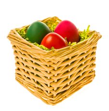Multi-coloured Eggs In A Basket Royalty Free Stock Images
