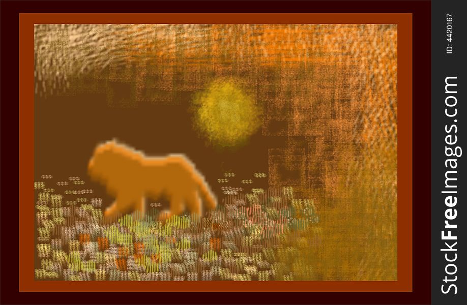 Painting created in Corel Photopaint with Lion walking in the sun.