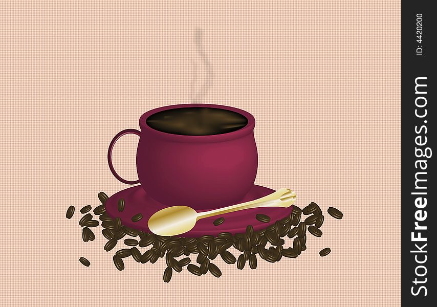 Illustration of espresso coffee and beans on pattern background. Illustration of espresso coffee and beans on pattern background
