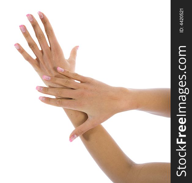 Woman hand on white background