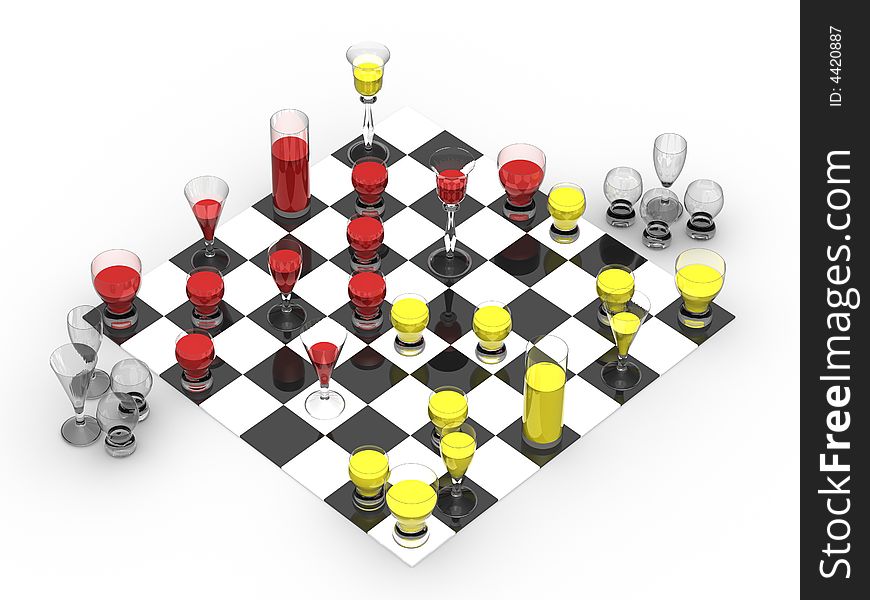 Chessboard with the wine filled glasses on a white background. Game in a full heat, already is losses from both sides. Chessboard with the wine filled glasses on a white background. Game in a full heat, already is losses from both sides.