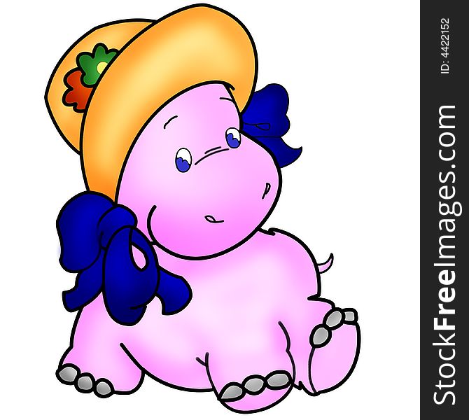 Hippopotamus picture with a pink flower on the hat. Hippopotamus picture with a pink flower on the hat