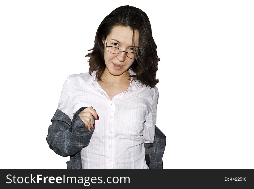 Beautiful young brunette  in glasses on white. Beautiful young brunette  in glasses on white