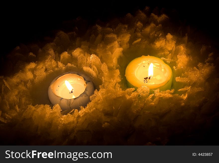 A some candle light in snow mountain. A some candle light in snow mountain.