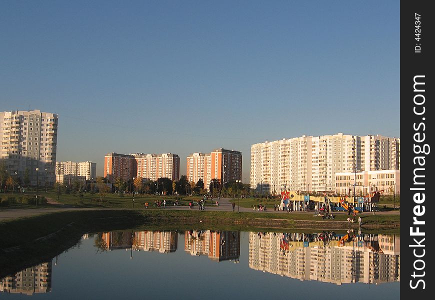 City park, reflection of architecture, pond