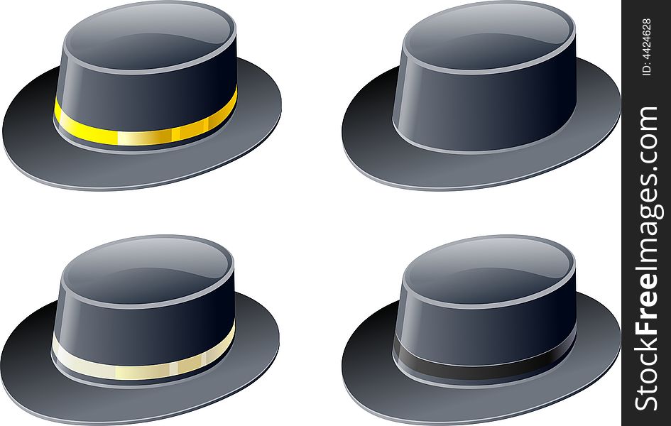 Illustration of four black hats with different colored decorative bands.