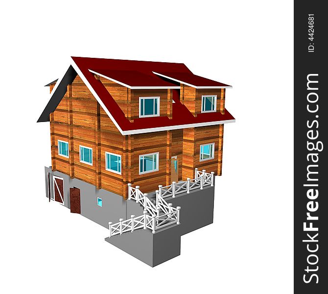 Wooden house on a white background. 3D image. Isolated illustrations.