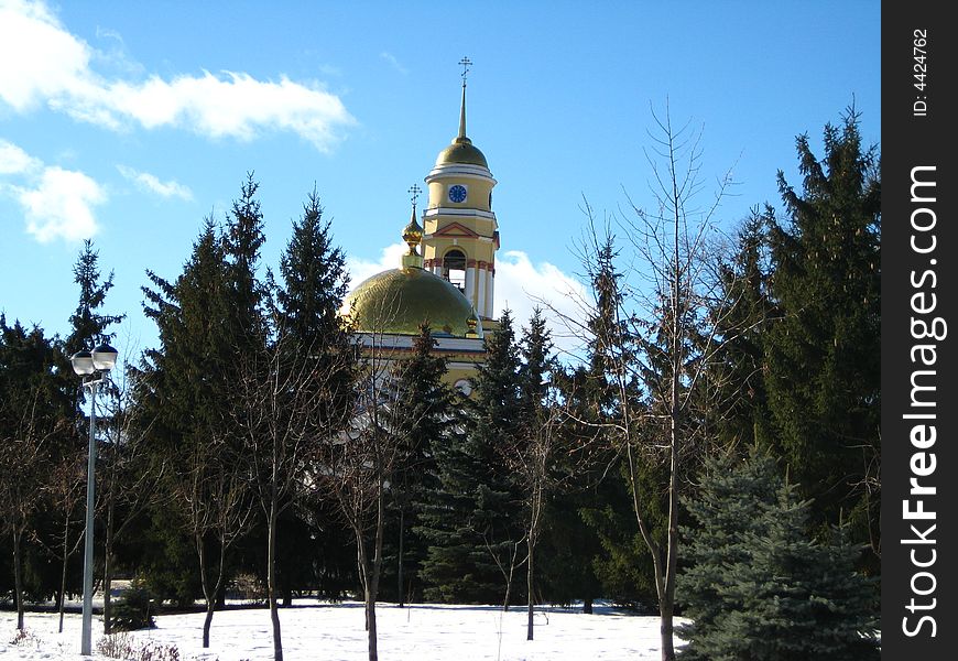 City church and trees in the early spring