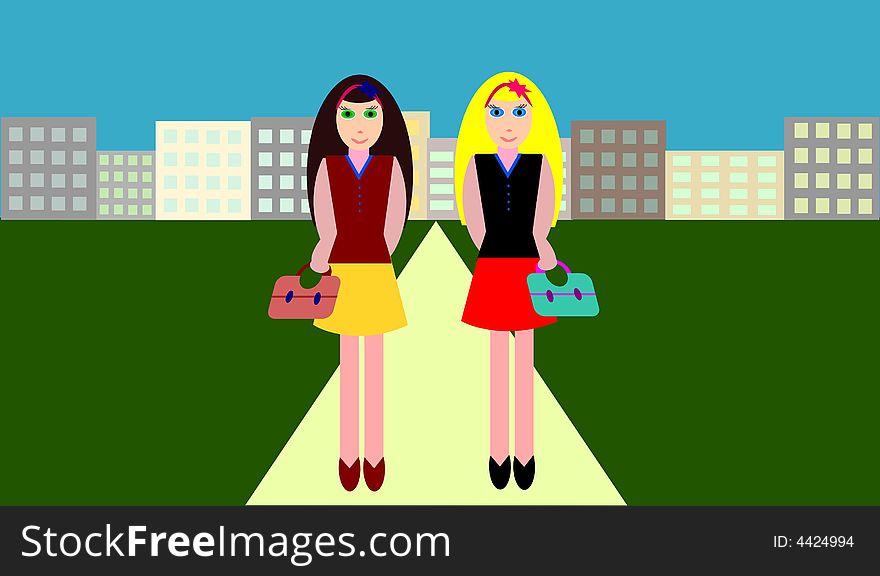 Two girls walking in the city