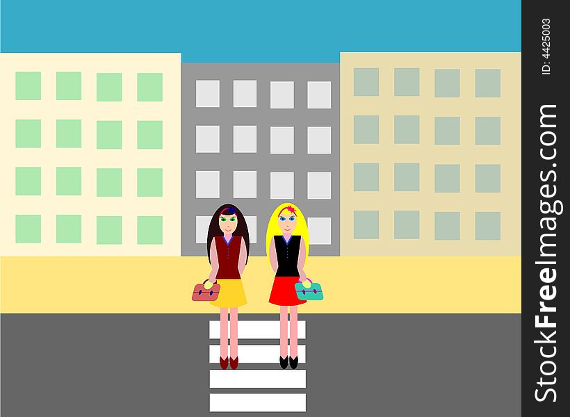 Two girls walking in the city. Two girls walking in the city