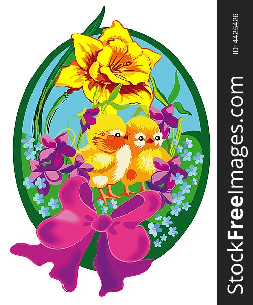 Easter of egg with two chickens in spring flowers. Easter of egg with two chickens in spring flowers