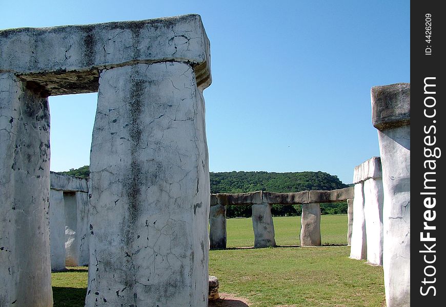 A close-up of this Stone Henge replica shows large white stones carefully placed together. A close-up of this Stone Henge replica shows large white stones carefully placed together.