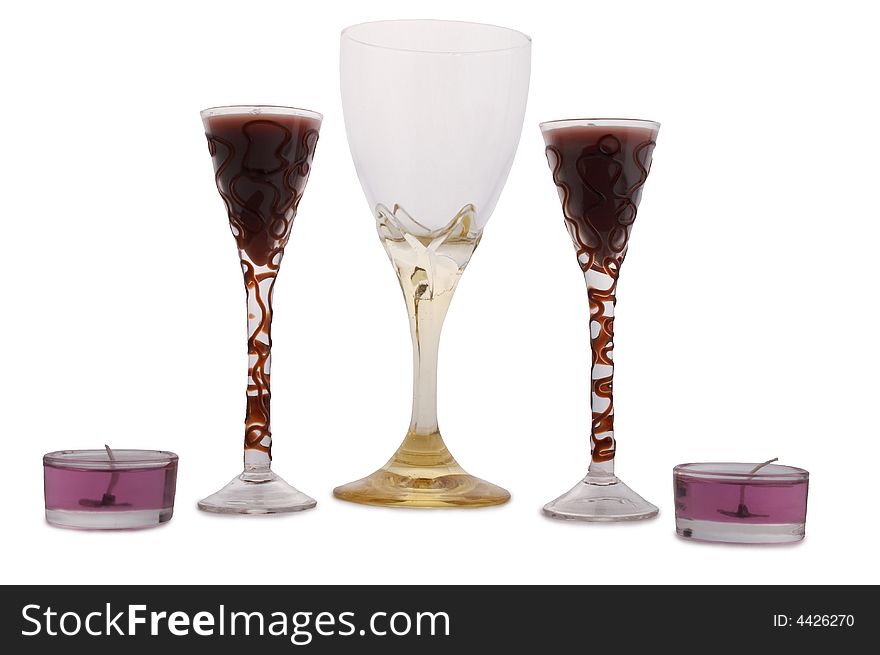 Wine glass, two candle in wine class and two candles. Wine glass, two candle in wine class and two candles