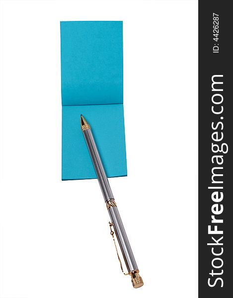 Pen and blue notebook on white