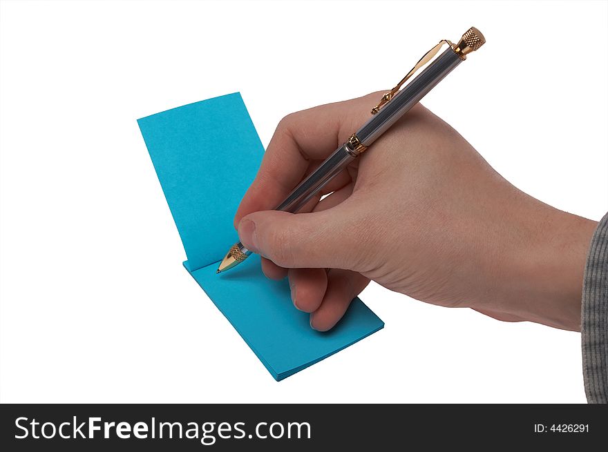 Hand writing in blue notebook. Hand writing in blue notebook
