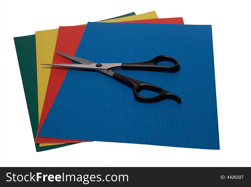 Scissors on colored paper on white 2. Scissors on colored paper on white 2