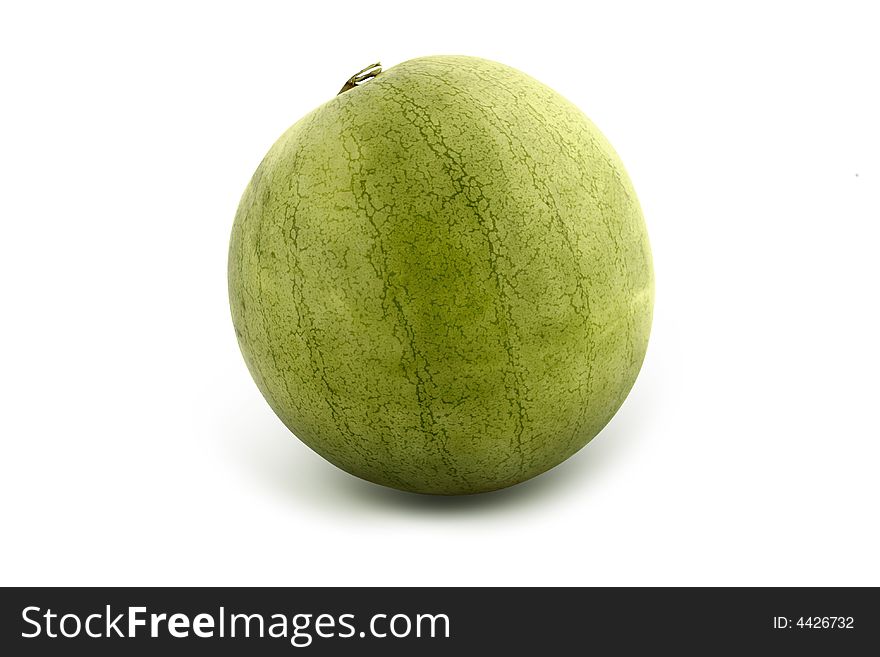 Green, fresh, striped whole melon on white