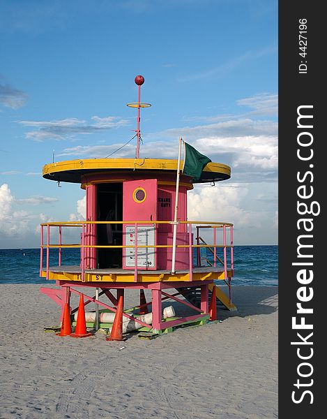 View of Pink Art Deco Lifeguard Tower in South Beach Florida.