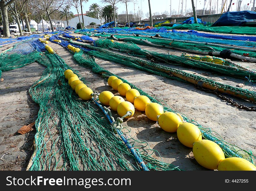Fishing nets spread in the sun to dry