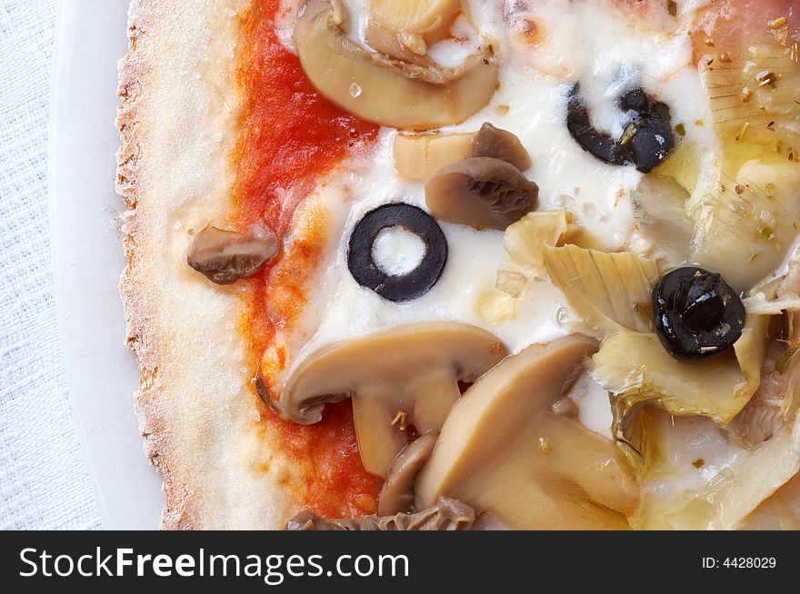 Extreme closeup of Italian pizza, selective focus
