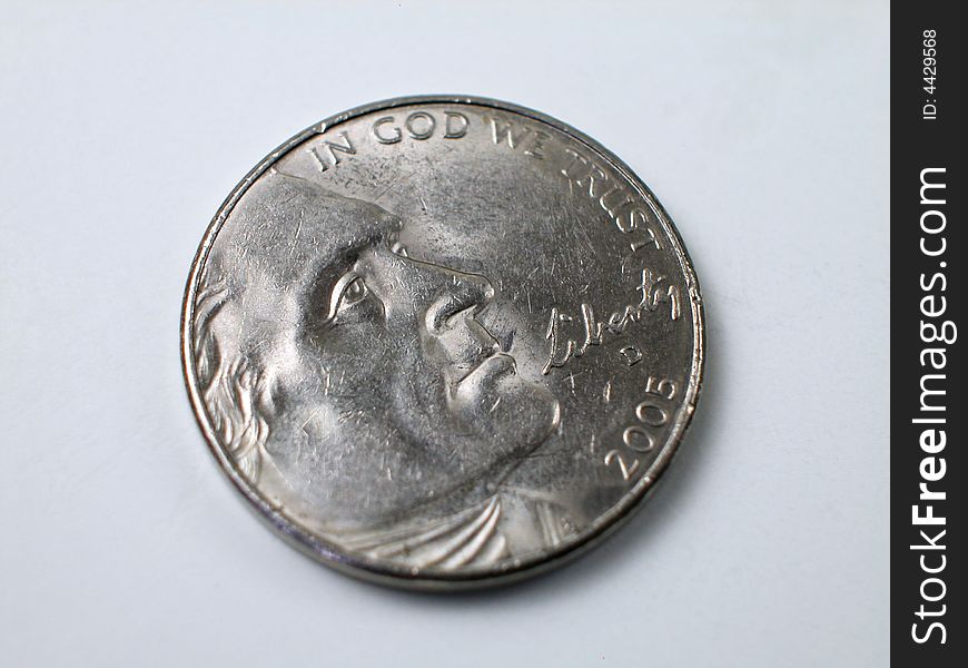 Macro shot of a Thomas Jefferson nickel from the United States of America. Macro shot of a Thomas Jefferson nickel from the United States of America