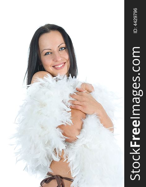 Portrait of the brunette with blue eye on white background