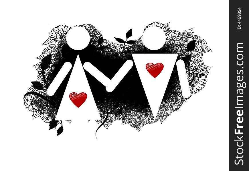 A silhouette of two loved man and woman at white background