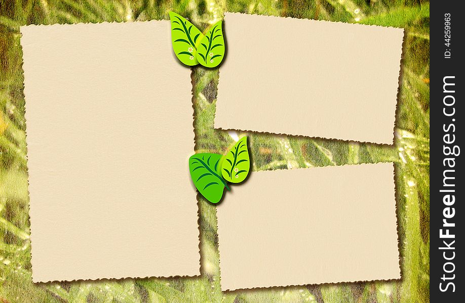 Stylized autumn green background with three frames for text and decor leaves. Stylized autumn green background with three frames for text and decor leaves
