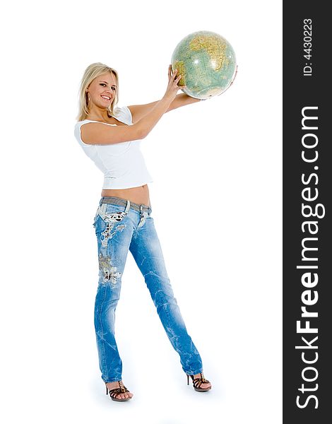 Young woman with  globe