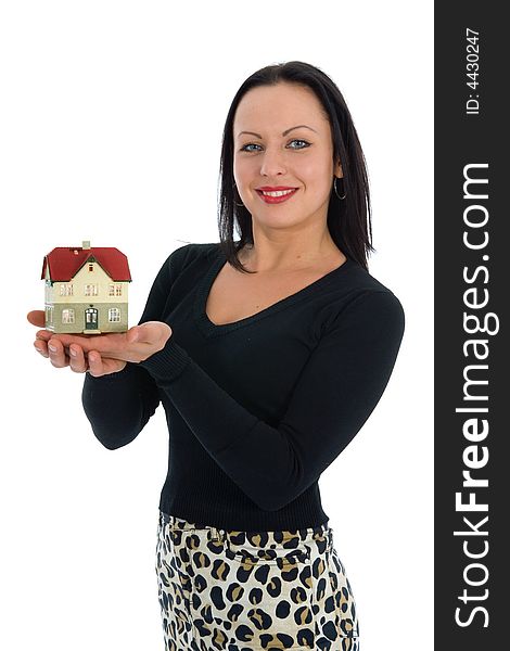 Business woman advertises real estate on white background