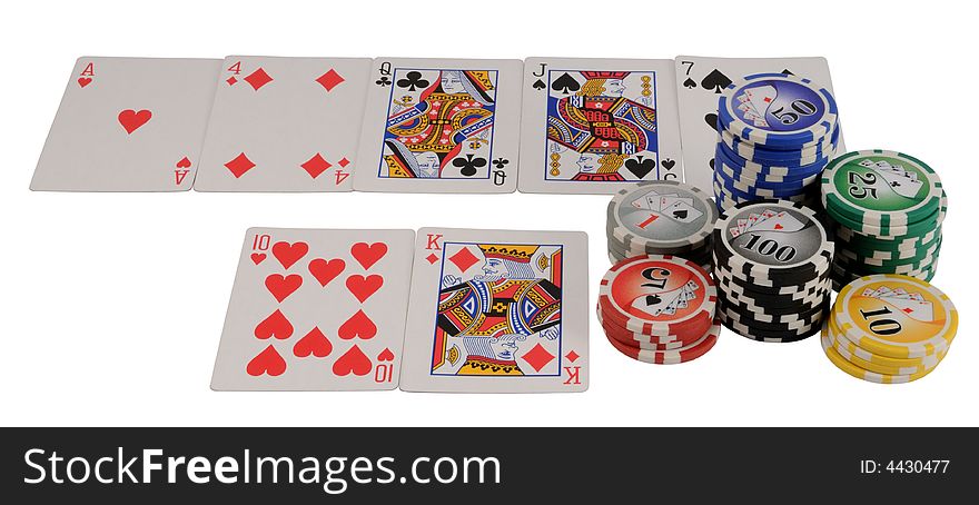 Royal Flush with a pile of casino chips isolated on white.