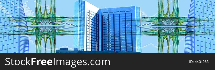 This blue header / banner has a creative abstract background with skyscrapers with grid-like patterns. The color blue and the skyscrapers are metaphors for success in business. The arrows are pointing on the skyscraper/business in the middle of this banner/header.