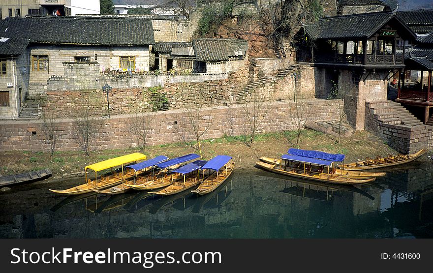 Many china traditional boats on the river.Hunan province,China.