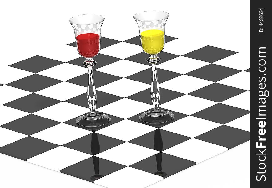 Glasses with red wine isolated on a white background. Game is ended. A meeting of opposing queens on a chessboard. Glasses with red wine isolated on a white background. Game is ended. A meeting of opposing queens on a chessboard