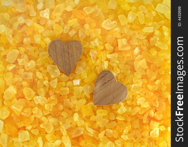 Sea salt and wooden hearts. Sea salt and wooden hearts