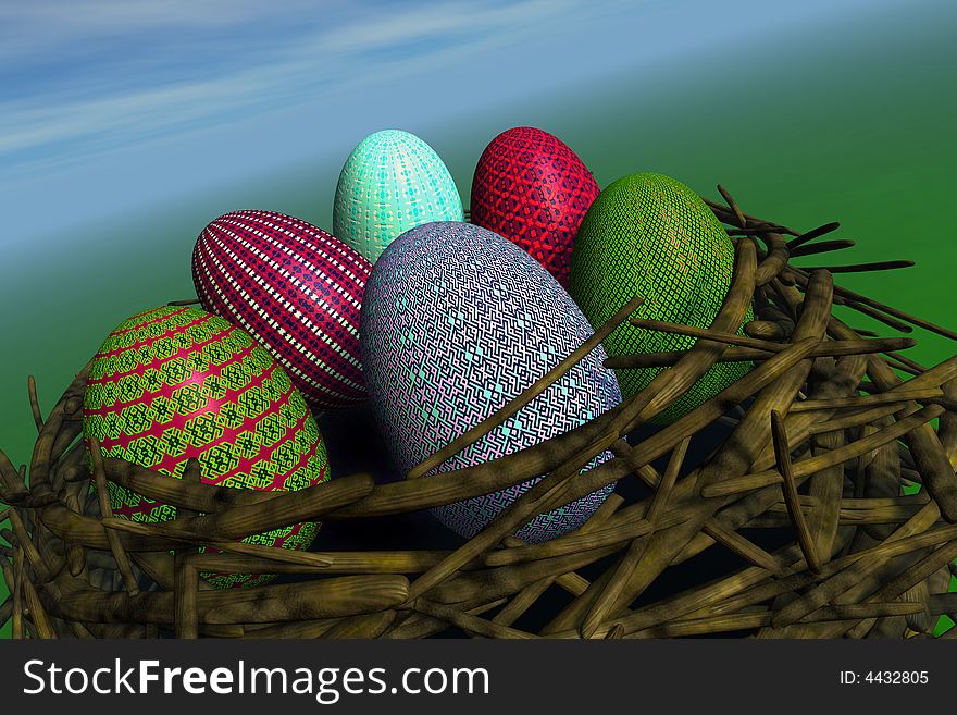 Easter eggs in a nest - 3d rendered illustration. Easter eggs in a nest - 3d rendered illustration