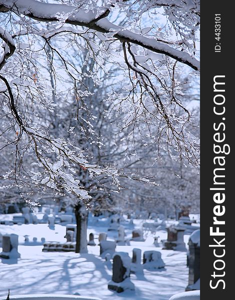 Cemetery under heavy winter snow