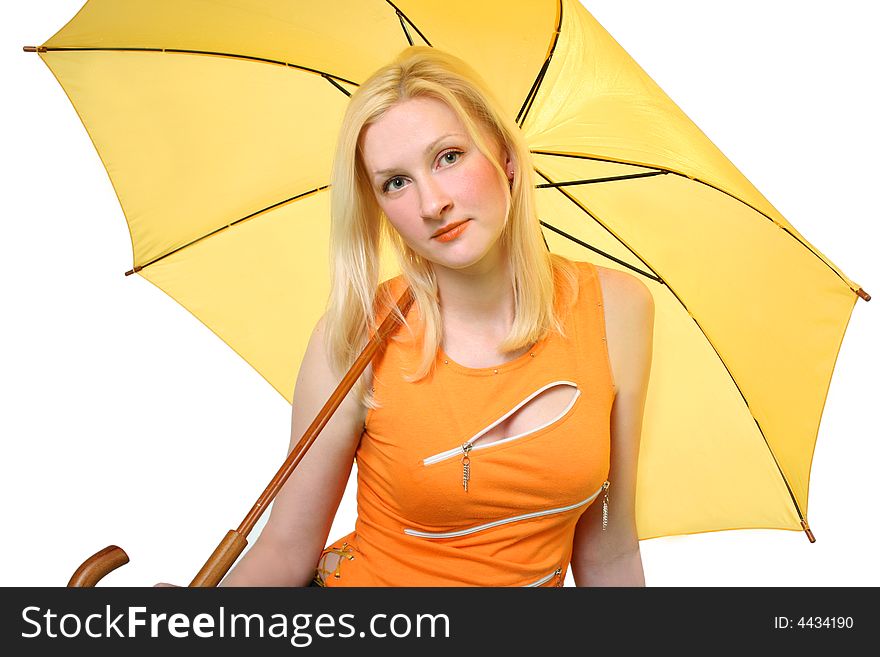 Beautiful young girl with yellow umbrella