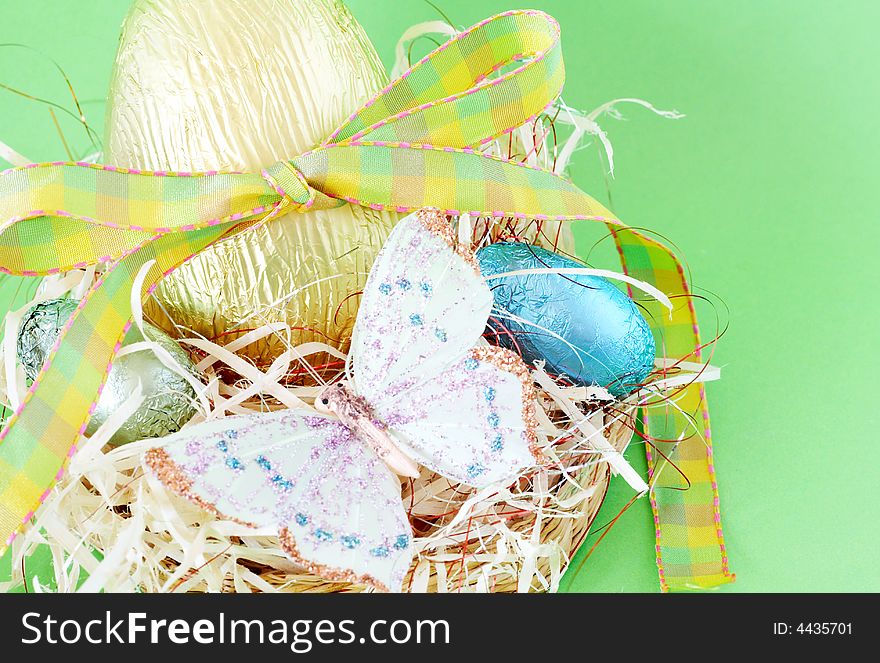 Colorful wrapped chocolate Easter eggs