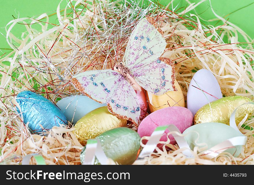 Colorful wrapped chocolate Easter eggs