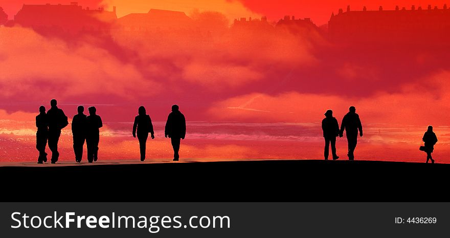 Silhouettes of people on Scarborough pier. People filled with black. Silhouettes of people on Scarborough pier. People filled with black.