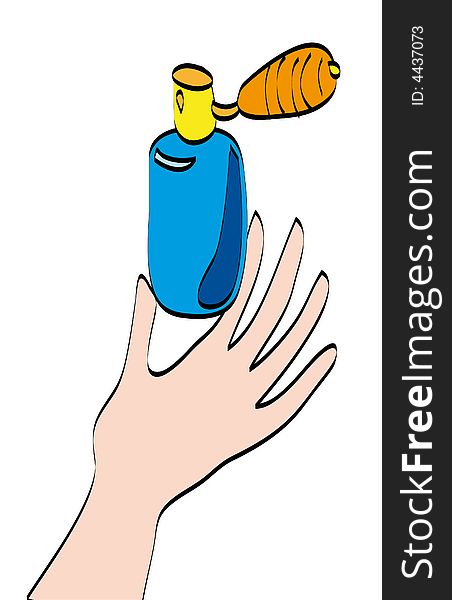 The illustration representing a hand, holding bottle of cologne