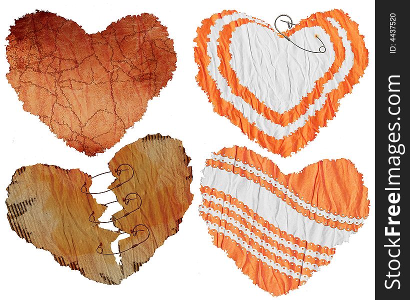 Set of hearts - an old paper, pieces of a fabric, a cardboard. Set of hearts - an old paper, pieces of a fabric, a cardboard