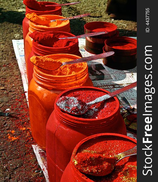 Colored powder for brides at a market in Kolkata. Colored powder for brides at a market in Kolkata